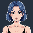 This pixel art avatar features a young woman with striking blue hair and a calm expression. The close-up portrait focuses on her serene gaze and the detailed rendering of her features, creating a sense of digital elegance.