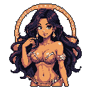 This pixel art portrait showcases a captivating dancer with a playful expression and shimmering, golden accessories. Her alluring pose and halo-like ring create a fantastical and glamorous vibe. The warm color palette and intricate pixel detailing enhance her exotic charm.