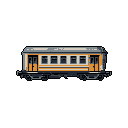 This pixel art features a vintage-style train carriage in muted orange and beige, isolated against a black background. The side profile view showcases its retro design with six windows and slightly ajar doors, evoking a sense of timeless transportation.