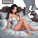 This pixel art image captures a serene moment as a young woman in a white garment sits on a bed, her pose relaxed and contemplative. Her dark hair frames her face as she gazes upwards, creating an intimate and calm atmosphere.