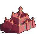 This pixel art showcases a complex, isometric castle in warm reds and browns, accented with vibrant orange, yellow, and mysterious green growths. The ancient, fortified structure evokes a sense of abandoned grandeur and possible magical influence.