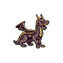 This pixel art depicts a young dragon, rendered in dark purples and browns with glowing yellow-orange accents, creating a mystical and slightly endearing character sprite. The small dragon stands alert, revealing sharp teeth and hinting at a magical, molten nature.