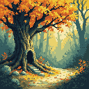 A majestic, ancient tree with a mysterious hollow stands as the centerpiece of this pixel art autumn forest scene. Golden leaves and a winding path invite viewers to explore the depths of this peaceful, enchanted woodland.