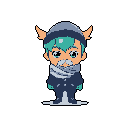 This pixel art character is bundled up for winter in a blue peacoat and beanie with whimsical ear-like details, sporting a vibrant teal fringe and a light gray mustache. The cute and serene figure is highlighted against a stark black background, evoking a sense of peaceful charm.