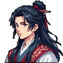 This pixel art portrait features a composed male character with long, dark hair styled in a topknot accented with red, his elegant attire hinting at nobility. His thoughtful gaze and rich color palette create a refined and slightly mysterious air.