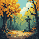 This pixel art captures a tranquil autumn moment with a Japanese stone lantern illuminating a leaf-strewn forest path. The warm glow of the lantern and the vibrant fall foliage create a peaceful, nostalgic scene.