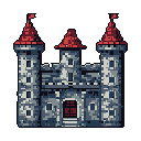 This pixel art image features a stylized, symmetrical castle with striking red roofs against a stark black backdrop. The imposing fortress, rendered in detailed greyscale stonework, evokes a sense of medieval strength and classic video game nostalgia.