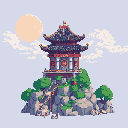 A pixel art pagoda, rendered in vibrant blues, purples, and reds, sits majestically atop a rocky, green hill. The detailed architecture and serene setting evoke a sense of history and peace.