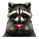 A charming pixel art racoon lovingly presents a bright red heart, its gaze direct and endearing. The detailed shading brings the furry creature to life, offering a heartfelt moment in retro-digital style.