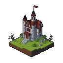 This pixel art showcases a charming, medieval manor with detailed stone walls, a striking red roof, and timber framing, evoking a sense of quaint fantasy. The isometric house sits atop a grassy platform, complete with flowers and exposed earth.