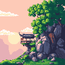 A serene pixel art scene showcases an Eastern-style pavilion nestled amidst lush, rocky mountains. Bathed in the warm hues of sunrise or sunset, the image evokes a sense of tranquil, ancient beauty.