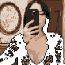 This pixel art self-portrait captures a woman taking a selfie with her smartphone, partially obscuring her face. The image's limited, sepia-toned palette and pixelated style create a nostalgic yet intimate mood.