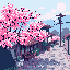 A vibrant cherry blossom tree dominates this pixel art scene, its pink blooms showering a quiet Japanese pathway with delicate petals. The image captures the peaceful beauty of spring in a charming, nostalgic style.
