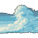 A majestic, volumetric cumulus cloud dominates this pixel art, rendered with striking detail and subtle gradients. The towering cloud formation is lit with implied sunlight, showcasing its dynamic, wave-like structure. The surrounding area is solid black, indicating a deliberate cutout or focus on the sky element itself.