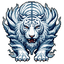 This pixel art showcases a powerful, multi-tailed white tiger poised to strike, its glowing eyes radiating intense energy. The stylized design and icy color palette create a mythical and ethereal feel, emphasizing the creature's strength and legendary presence.