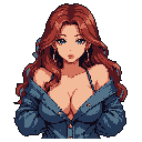 This pixel art portrait captures a confident young woman with auburn hair and striking blue eyes. Her alluring gaze and relaxed pose, framed against a solid black backdrop, create a subtly sensual and engaging image.