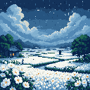 A solitary figure stands on a snowy path amidst a field of blooming flowers, gazing towards a cozy, warmly lit house on a serene winter night. The vast, star-filled sky and snow-covered landscape evoke a peaceful yet slightly melancholic beauty.