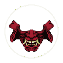 This pixel art image features a menacing red oni mask with intricate details, including cleaver-like ears and jagged teeth, enclosed within a stark white circle. The mask's powerful design and aggressive energy evoke traditional Japanese folklore.