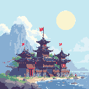 This pixel art showcases a majestic, multi-tiered East Asian temple complex with red accents and Chinese flags perched on a rocky coastline. A lone figure gazes out at the water, emphasizing the temple's scale and serene atmosphere against the backdrop of a stylized mountain range.
