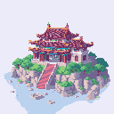 This pixel art showcases a serene East Asian temple or pagoda, its intricate architecture rendered in warm tones against a cool, ethereal pastel purple sky. Perched atop a rugged, rocky outcrop surrounded by water, the building exudes tranquility and hints at a place of peace and reverence.