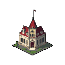 This pixel art showcases a grand, gothic-inspired Victorian mansion with a striking red roof and detailed facade, radiating quiet grandeur. The ornate building, rendered in isometric perspective, evokes a sense of history and mystery.