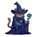 A wise, tabby cat wizard stands ready, staff in paw, emanating gentle magic with a whimsical pixel art style. Dressed in a starry, dark blue robe, this enchanting feline evokes a sense of fantasy and benevolent power.