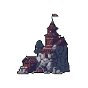 A solitary, multi-tiered fortress or tower, complete with a clock face and red-roofed sections, rises from a rugged rock formation. This pixel art evokes a sense of isolation and antiquity, highlighting the building's resilience against the stark void that surrounds it.