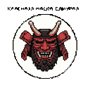 This pixel art image features a stylized, dark red samurai helmet with a fearsome face guard and bone-like horns. The minimalist design evokes strength and a retro aesthetic, creating an iconic and intense representation of a warrior spirit.