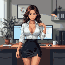 This pixel art portrait captures a confident professional woman in her office, smiling warmly at the viewer. The detailed workspace features dual monitors and subtle pops of color, adding a modern touch to the retro style. The overall impression is one of competence and approachability.