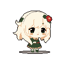 This pixel art features a cute, chibi-style girl with an oversized head, rendered in a classic, super-deformed aesthetic. She stands facing the viewer, her gaze fixed forward.