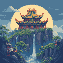 A majestic, multi-tiered pagoda crowns a rocky mountain peak, bathed in the warm glow of a setting sun or rising moon. This detailed pixel art captures a serene and timeless scene of ancient architecture nestled in nature.