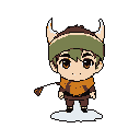 This pixel art features a cute, chibi-style character with earthy tones and animal-like ears. The charming sprite, reminiscent of classic video games, has a neutral expression and wears a scarf and headband.
