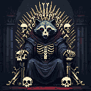 A formidable, red-eyed raccoon overlord sits regally on a throne of bones, radiating dark majesty and power in a somber hall. This pixel art image features a unique fantasy character ruling from a throne adorned with skulls.