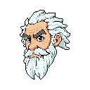 This pixel art headshot depicts a stern, elderly man with a bushy white beard and intense gaze. The detailed rendering and isolated composition evoke wisdom and experience.