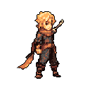 A determined pixel art warrior with bright, spiky hair stands ready, weapon drawn and poised for action. The warm color palette and detailed sprite work highlight his intensity and potential for adventure.