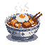 Enjoy a pixel-perfect, steaming bowl of Japanese donburi, complete with a fried egg, savory meat, and inviting chopsticks. This warm and comforting dish is beautifully rendered in a classic pixel art style.
