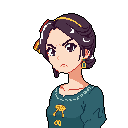 This pixel art portrait captures a woman's intense displeasure. Adorned with golden ribbons and jewelry, her furrowed brow and downturned mouth against a black background convey a strong sense of defiance.