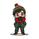 This pixel art features a charming chibi-style male character in winter attire, sporting a dark beard, patterned beanie, and cozy green jacket. His neutral expression and warm color palette evoke a sense of quiet comfort and introspection.
