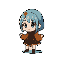 This pixel art portrait features a chibi girl with wide blue eyes and light blue hair, her raised hands and gentle expression suggesting a moment of innocent curiosity. Dressed in earthy tones and adorned with a peach jewel, she exudes a cute and approachable vibe.