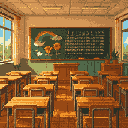 This pixel art shows an empty classroom filled with warm light, rows of wooden desks facing a chalkboard adorned with a colorful drawing. The scene evokes a sense of quiet nostalgia and anticipation.