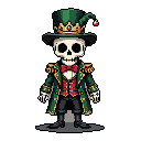 This pixel art depicts a stylish skeleton dressed in a dark green tailcoat, red vest, and top hat with a golden crown. The dapper and eccentric character exudes a mix of macabre charm and elegant whimsy against a stark black backdrop.