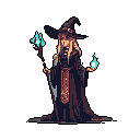 A pixelated sorceress stands poised, staff in hand, conjuring magic in the darkness. Her contemplative expression and flowing robes hint at arcane power.