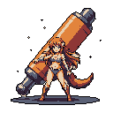 A confident, light-skinned woman with fox-like features and a simple bikini stands ready, leaning against an enormous, stylized pen in a starry void. Her determined expression and the oversized pen suggest a blend of cute power and heroic fantasy.
