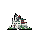 This pixel art showcases a detailed, multi-storied mansion or castle with striking red roofs and overgrown foliage, presented against a stark black background. The building's intricate architecture and muted color palette evoke a sense of quiet majesty and perhaps gentle decay.