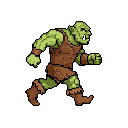 A fierce pixel art orc charges forward, captured mid-run with glowing red eye and a menacing expression. The earthy color palette and dynamic pose convey raw power and primal aggression.