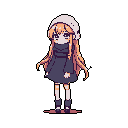 A solitary, chibi-style girl with muted colors and a soft, peachy orange hair, stands in a contemplative pose. The pixel art style and simple design evoke a feeling of quiet melancholy and nostalgic charm. She is alone in a black void, emphasizing her isolation and making her the singular focus.