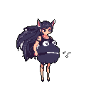 A young woman in a dark purple spherical creature costume with large eyes and a surprised expression poses playfully. Her long, dark purple hair and red-pupiled eyes peek out from the costume, adding a touch of personality to the whimsical design.