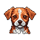 This pixel art portrait features a cute puppy with wide, curious eyes, rendered in warm browns and oranges against a stark black backdrop. The retro aesthetic emphasizes the puppy's endearing expression, creating a feeling of warmth and affection.