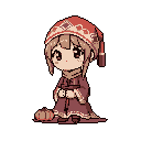 This pixel art depicts a seated chibi character in ornate red and brown robes and a tall, patterned hat, evoking a sense of calm and whimsical fantasy. A small pumpkin adds a touch of autumn or folklore to the scene.