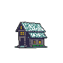 A cozy, pixelated house glows warmly against a stark black background, its snow-covered roof hinting at a peaceful winter scene. The simple, two-story structure evokes a feeling of isolated comfort through its bright windows and textured stonework.